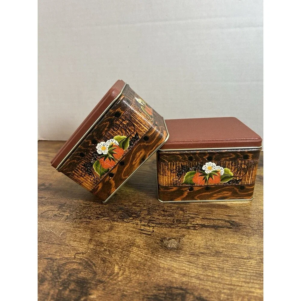 Vintage J.L. Clark Strawberry Blossom on Wood Metal Canisters Set of 2 Retro USA
